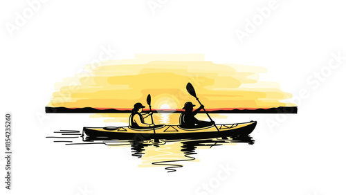Silhouetted kayakers at sunset: peaceful evening paddle on calm waters