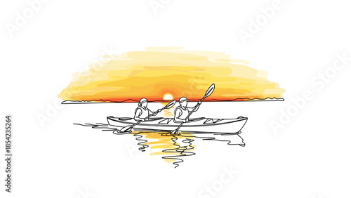 Sunset canoeing: minimalist line art of kayakers enjoying scenic water