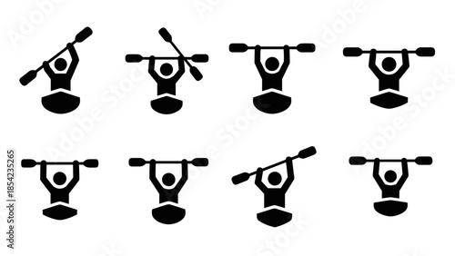 Silhouette icons of kayaking poses with paddles in various angles for adventure themes