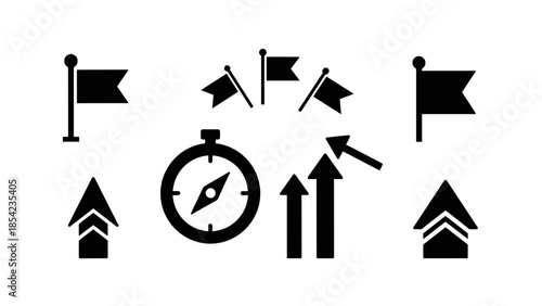 Minimalist navigation symbols with arrows, compass, and flags set