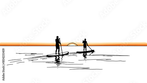 Sunset paddleboarding silhouette with two people on calm ocean waters