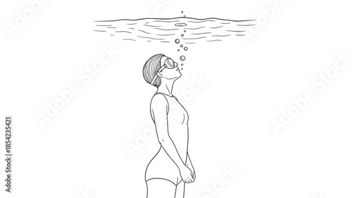 Diving woman in swimsuit with snorkel breathing underwater in minimalist line art