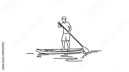 Minimalist paddleboarding outline design with man on water