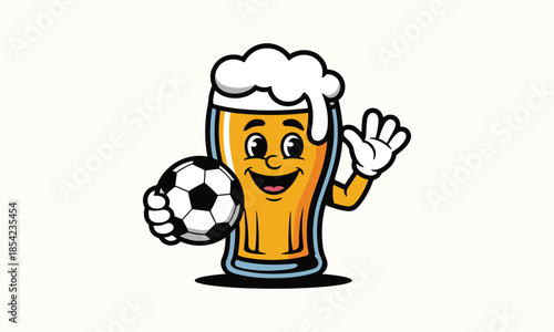 Cartoon beer glass character holding a soccer ball