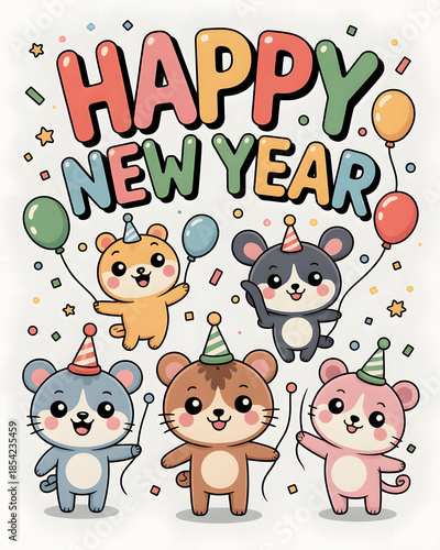 Happy New Year Cute Bears with Balloons Illustration