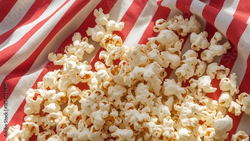 A pile of freshly popped popcorn on a red and white striped cloth
