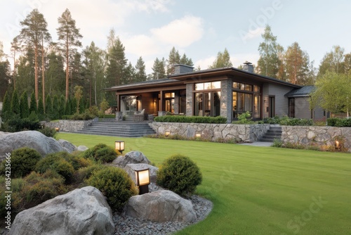 Home in a green landscape with trees and rocks, featuring a large outdoor space and steps leading to an entrance, captured during daylight