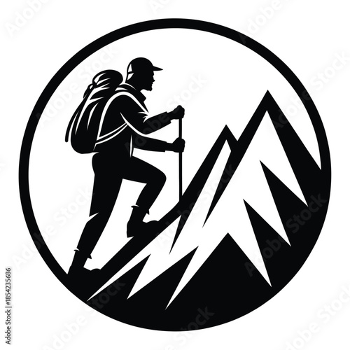 Ultra clean black and white 2d vector silhouette of man hiking