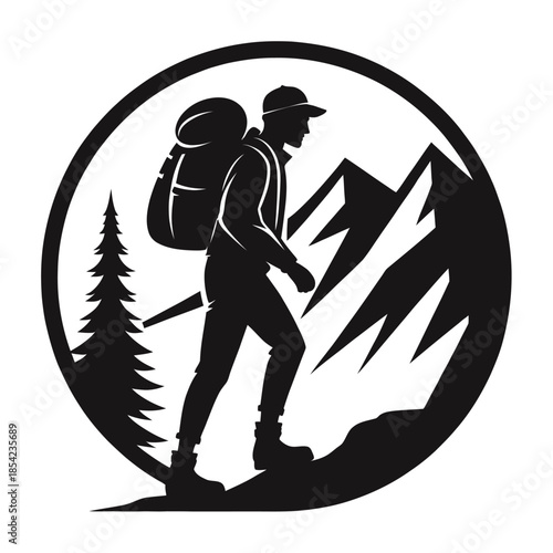 Black and white vector silhouette of a hiker with backpack