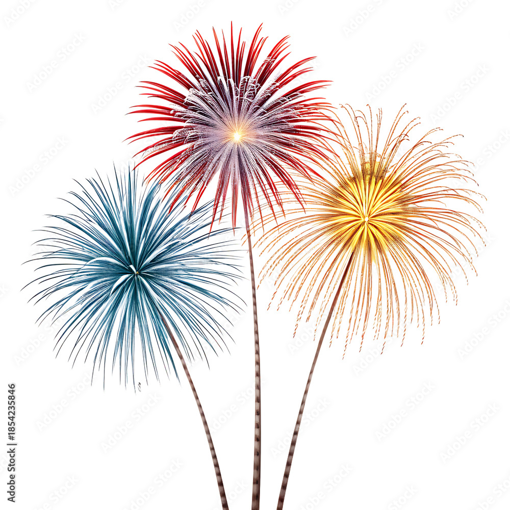 Fototapeta premium Elegant colorfull fireworks bouquet isolated on a white background. PNG