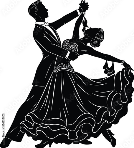 Elegant, ballroom, dance, couple, silhouette, performing, waltz, tango, motion, grace, romance, classic, choreography, isolated, white, background, art, illustration, concept