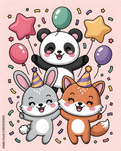Cute Kids Happy New Year Design with Cartoon Animals