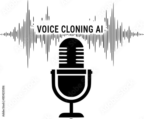 Microphone icon with a sound wave that turns into Voice Cloning AI text. The concept of voice forgery, artificial intelligence, deepfakes, digital threats and cybercrime in the audio environment.