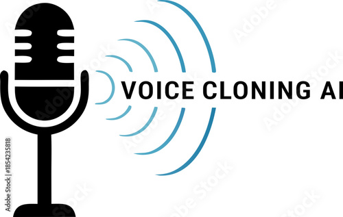 Microphone icon with a sound wave that turns into Voice Cloning AI text. The concept of voice forgery, artificial intelligence, deepfakes, digital threats and cybercrime in the audio environment.