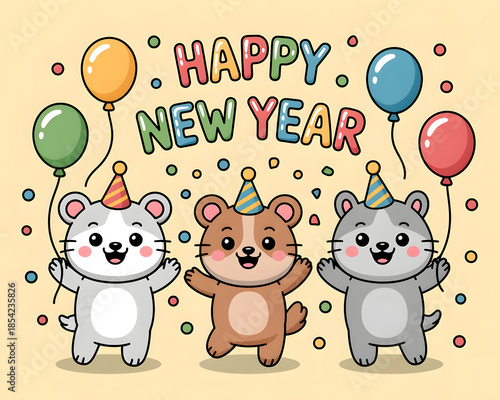 Kawaii Cartoon Bear Happy New Year Party Illustration