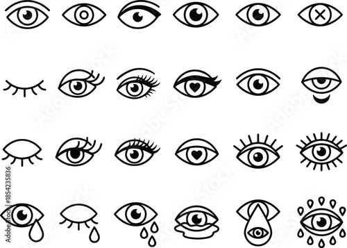 Set of twenty four black line eye icons featuring various expressions eyelashes crying and vision symbols isolated on white background