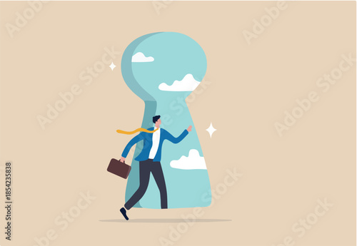 Life changing secret door, key to success or step to see new opportunity, courage or business challenge, get out to see outside concept, brave businessman step inside keyhole door to new opportunity. 