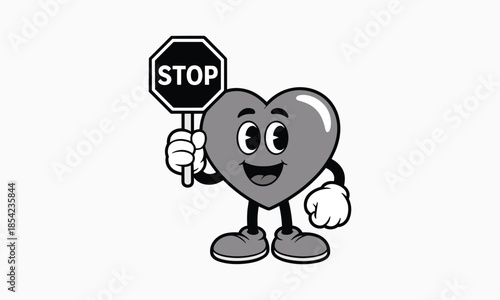Cartoon Heart Character Holding Stop Sign