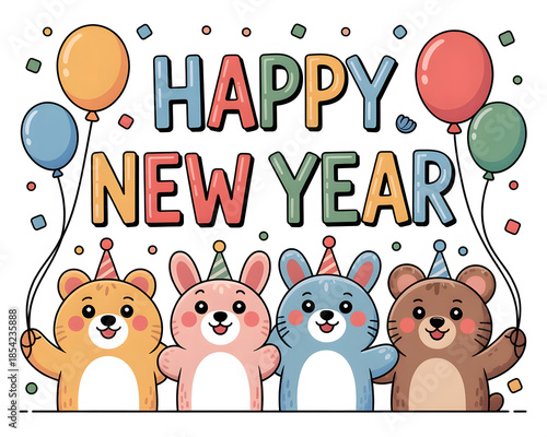 Colorful Happy New Year Kids Greeting Card with Cute Bears