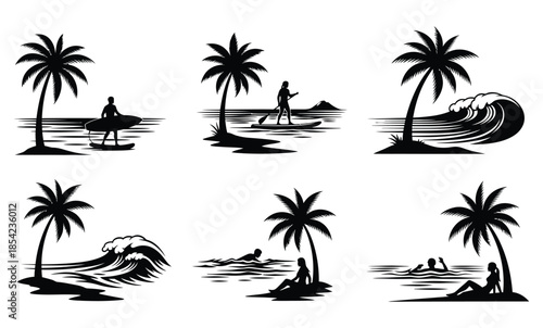Vector silhouette set of tropical palm trees on a beach landscape
