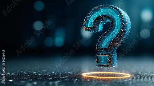 3D question mark composed of glowing blue and orange particles floating above a circular light. Inquiry, artificial intelligence, and digital innovation in a high-tech visual.