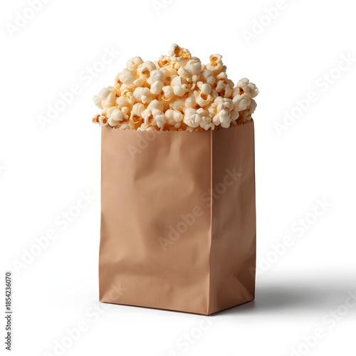 Brown paper bag filled with popcorn isolated on white background