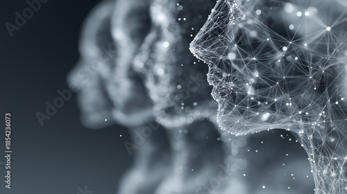 Digital head profiles formed by interconnected nodes and lines fading into the background. Neural networks, machine learning, and cognitive mapping in abstract AI visualization.