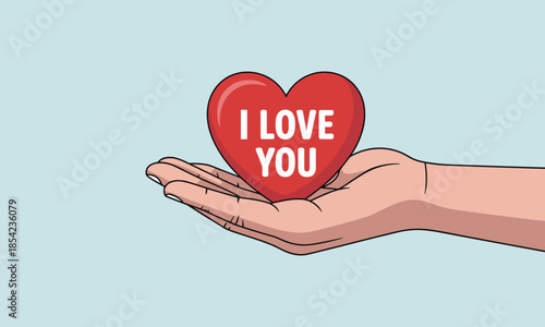 Hand holding a red heart with ILOVE YOU text