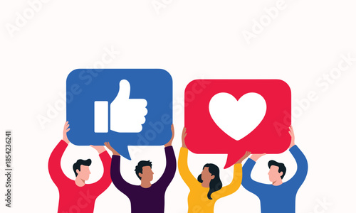 People holding social media like and heart icons vector