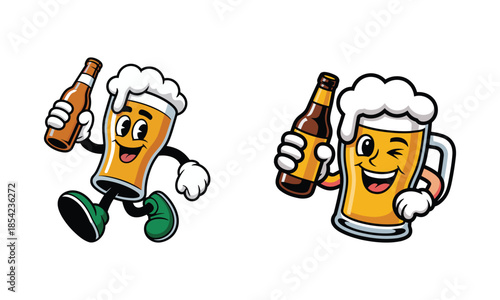 Two Cartoon Beer Glasses with Beer Bottles and Fun Poses