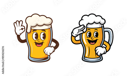 Two Cartoon Beer Glasses with Different Gestures
