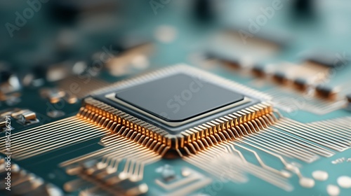 Close-up of square microchip mounted on PCB with gold pins and copper traces. Electronic hardware, integrated circuits, and digital signal routing in precision tech visualization.