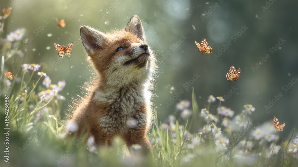 Fototapeta premium A young fox sits in a field of wildflowers looking up at butterflies fluttering around. It is a warm afternoon in a lush forest setting filled with greenery.