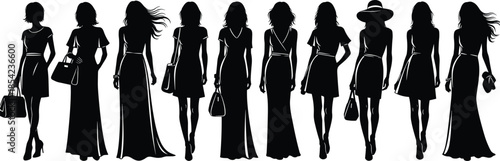 Collection of Elegant Female Silhouettes Featuring Fashionable Women in Dresses and Long Gowns with Handbags Isolated on White Background for Design