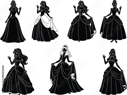 Princess silhouette illustration, elegant gown design, waving pose, royal fashion, black icon, hairstyle variety, character art, regal figure, dress style