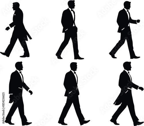 Walking men silhouettes, formal attire, suit and bow tie, motion illustration, stylish posture, black icons, animation reference, elegant walk