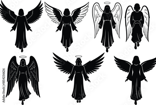 Angel silhouettes, spiritual figures, winged beings, halo icons, divine posture, religious art, black and white illustration, celestial beings, holy symbols