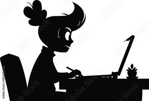 Remote work silhouette, woman at desk, laptop user, productivity concept, online learning, home office, study posture, digital workspace
