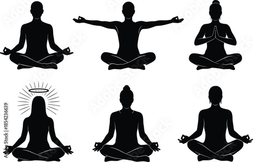 Meditation silhouettes, yoga poses, spiritual practice, mindfulness illustration, cross-legged figures, mudra gestures, inner peace, wellness art, calmness, serenity
