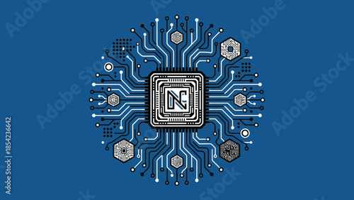 Intricate digital circuit board design with central processing unit.