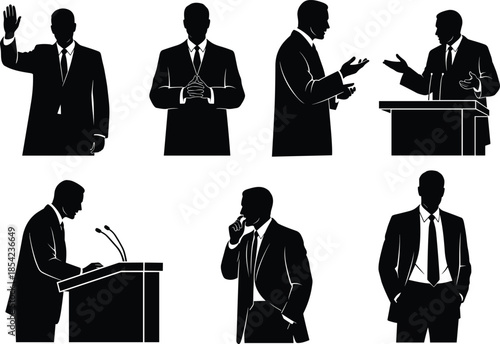 Business leadership silhouettes, corporate speaker gestures, public speaking concept, professional communication, debate, presentation, conference podium, teamwork, authority, success