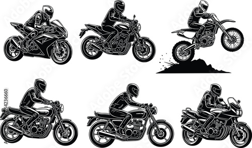 Motorcycle riders in action, sport bikes, dirt bike jump, classic roadsters, helmet safety, dynamic motion, black and white illustration