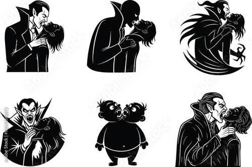 Vampire silhouette illustration, horror character set, biting scene, monstrous figures, black design, fanged creatures, gothic art, dramatic pose, spooky theme