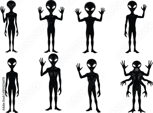 Alien silhouette illustration, black extraterrestrial figures, waving aliens, humanoid designs, sci-fi character set, multi-arm creature, space beings, stylized poses