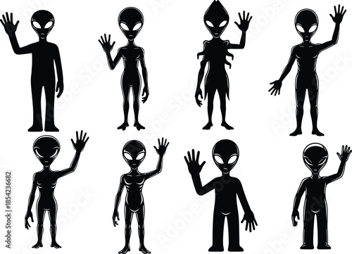 Alien silhouette collection, extraterrestrial figures, black illustration, waving aliens, sci-fi character set, big head design, stylized poses, space beings