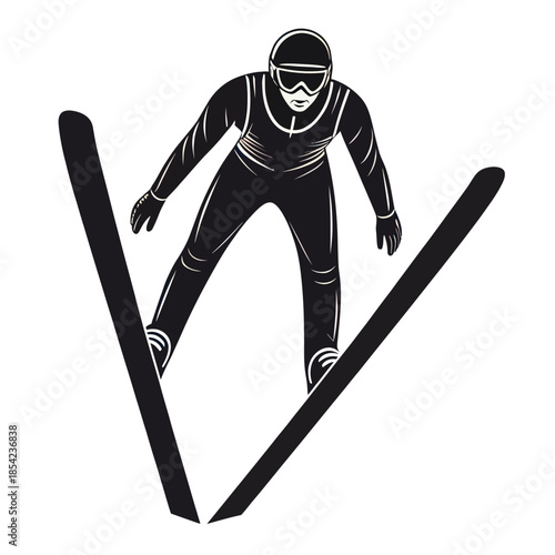 Black and white vector illustration of a skier in mid air