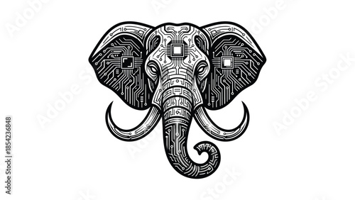 Intricate digital elephant head illustration showcasing technological integration and design.