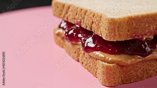 Delicious Peanut Butter and Jelly Sandwich on a Pink Background.