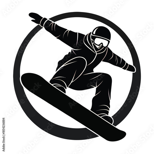 Black and white vector illustration of snowboarder in dynamic pose