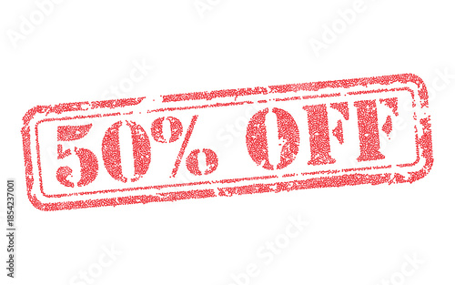50% OFF red grunge rubber stamp vector illustration isolated on white. Commercial sale discount sign for retail promotion, marketing campaign and special offer. Fifty percent price reduction label.